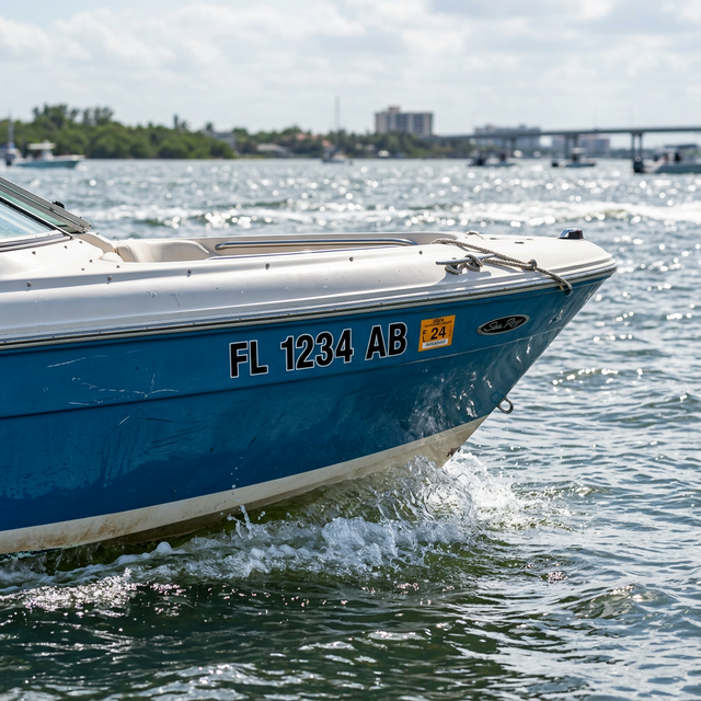 Close-up of properly displayed boat registration numbers on hull bow
