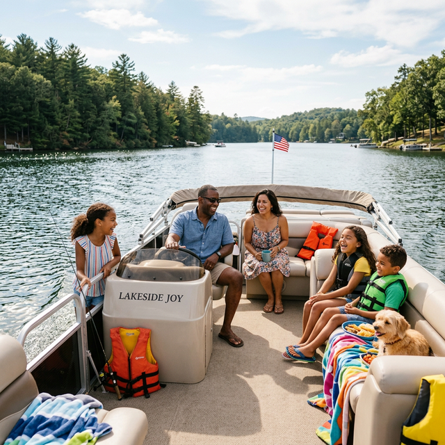 Family enjoying a pontoon boat ride on a scenic American lake