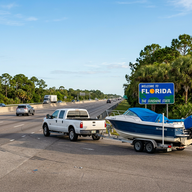 Pickup truck towing a boat across a state border highway