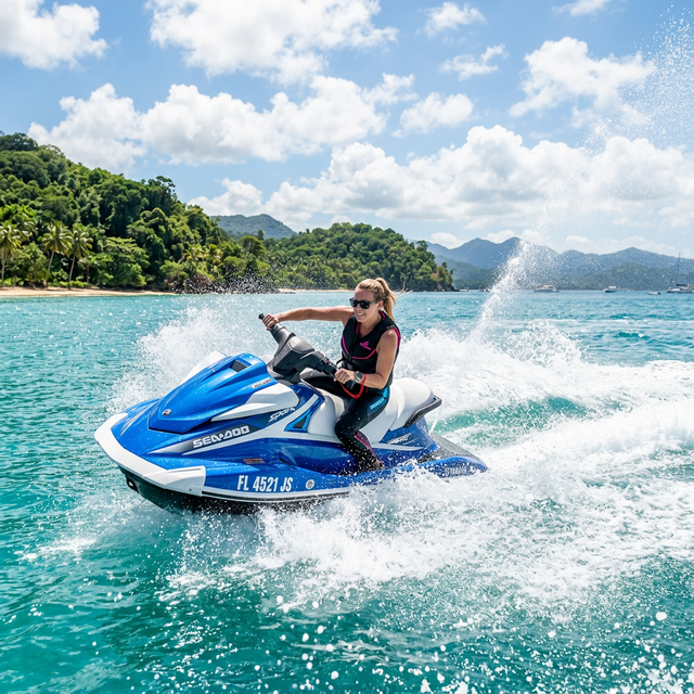Person riding a jet ski on turquoise water with tropical coastline