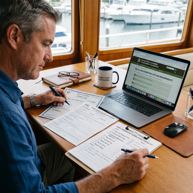 Man reviewing boat title and registration documents at desk with laptop