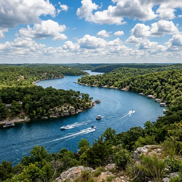 Scenic boating waterway in Missouri — recreational boats on the water