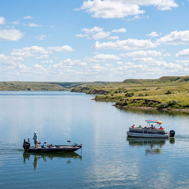 Scenic boating waterway in North Dakota — recreational boats on the water