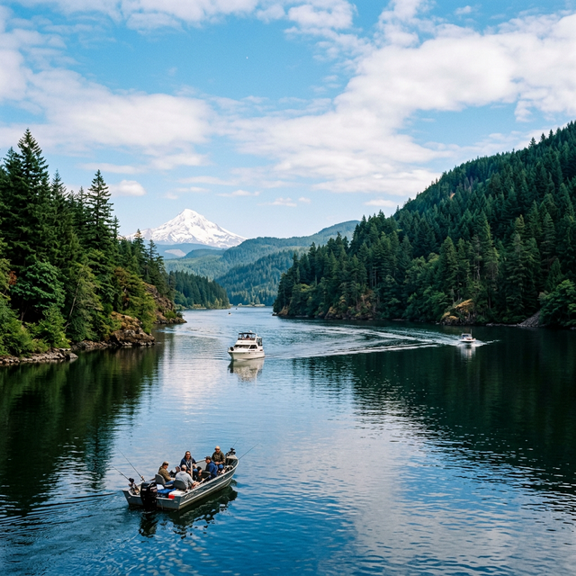Scenic boating waterway in Oregon — recreational boats on the water