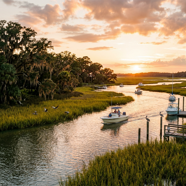Scenic boating waterway in South Carolina — recreational boats on the water
