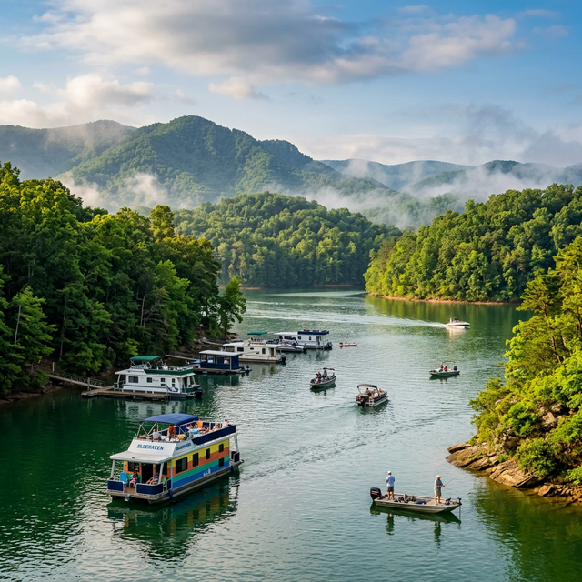 Scenic boating waterway in Tennessee — recreational boats on the water