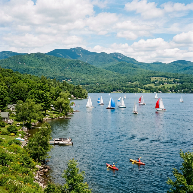 Scenic boating waterway in Vermont — recreational boats on the water