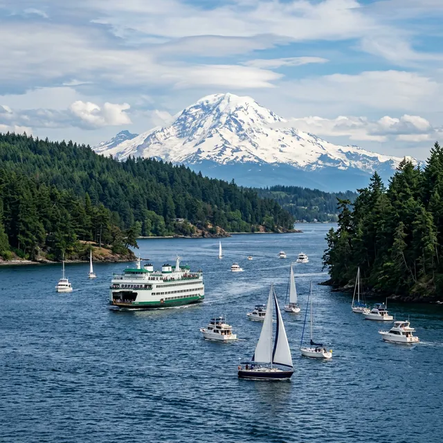 Scenic boating waterway in Washington — recreational boats on the water