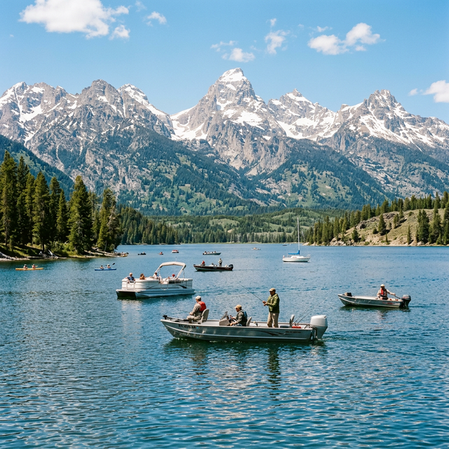 Scenic boating waterway in Wyoming — recreational boats on the water
